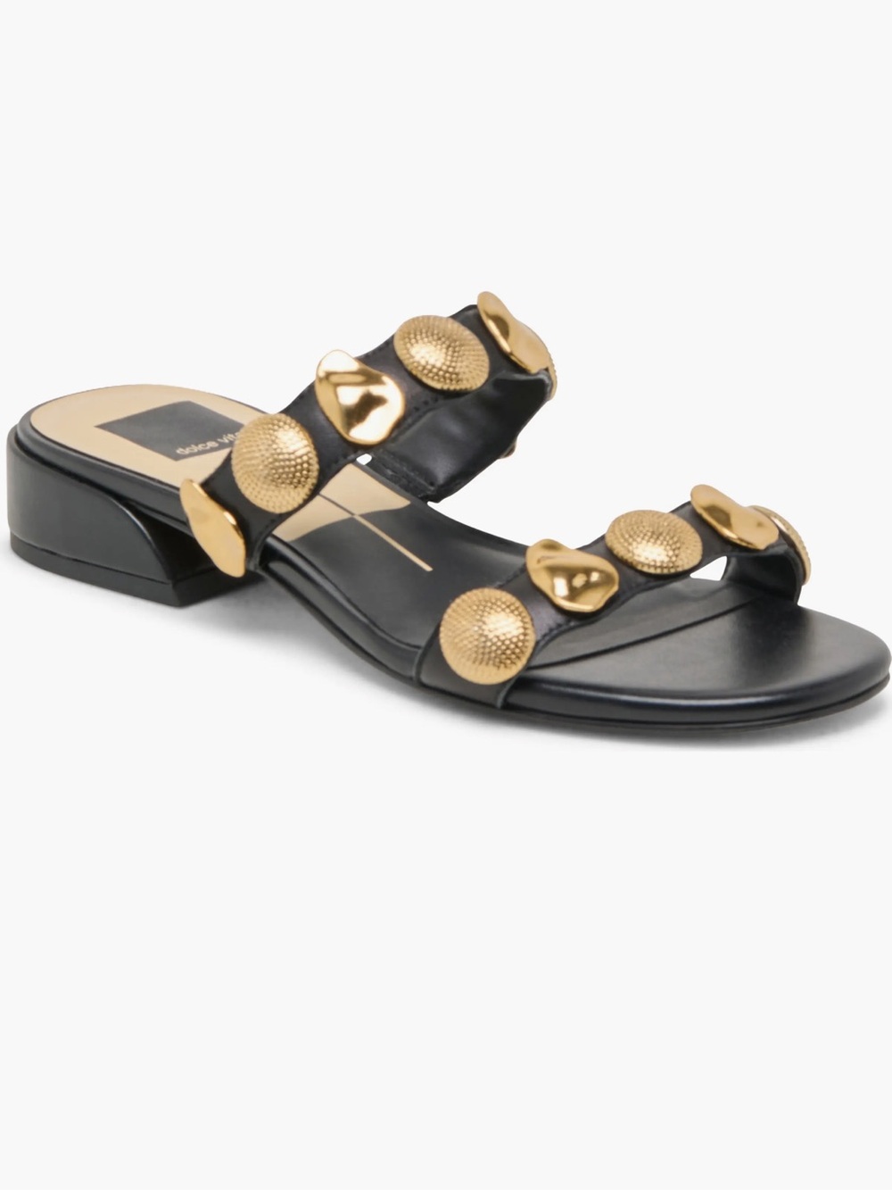 Dolce Vita Black Faux Leather Slide Sandals with Gold Stud Accents